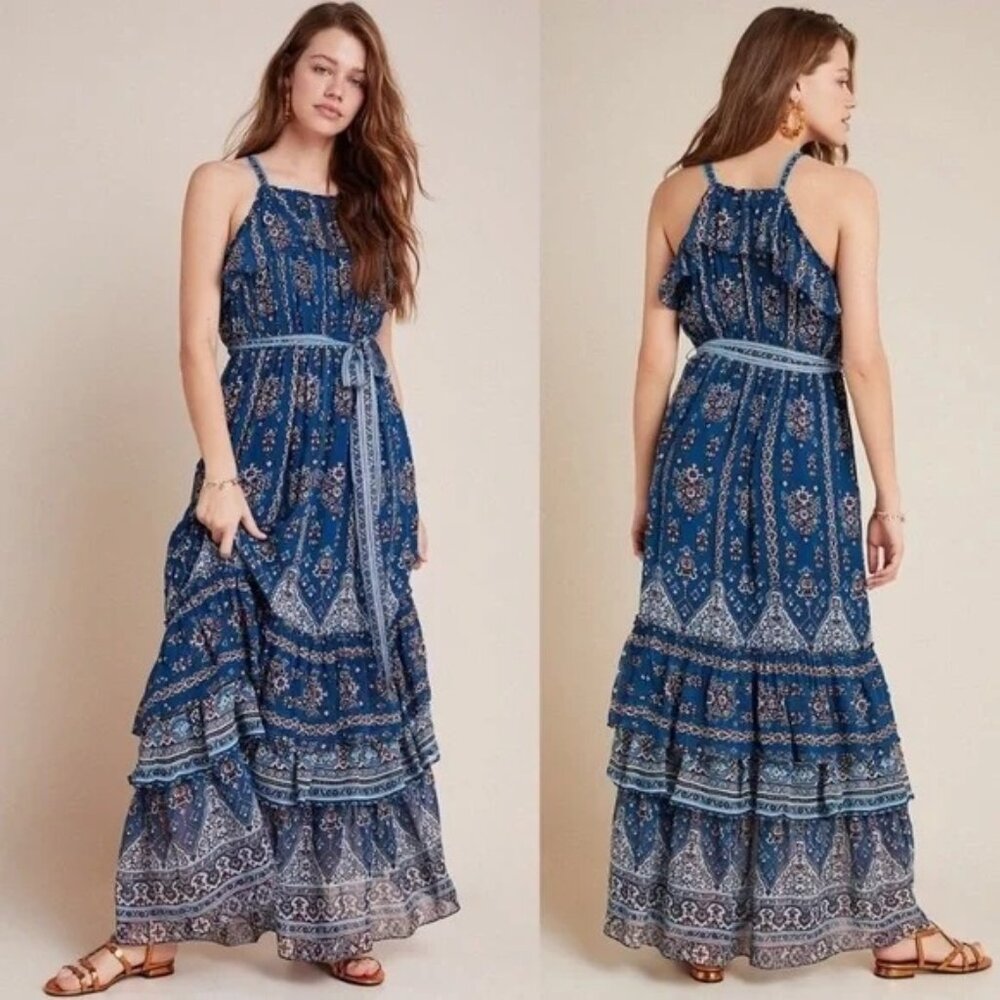Anthro S Blue Floral Maxi Dress‎ Ruffle SASHA Sleeveless Summer Cruise Fairy